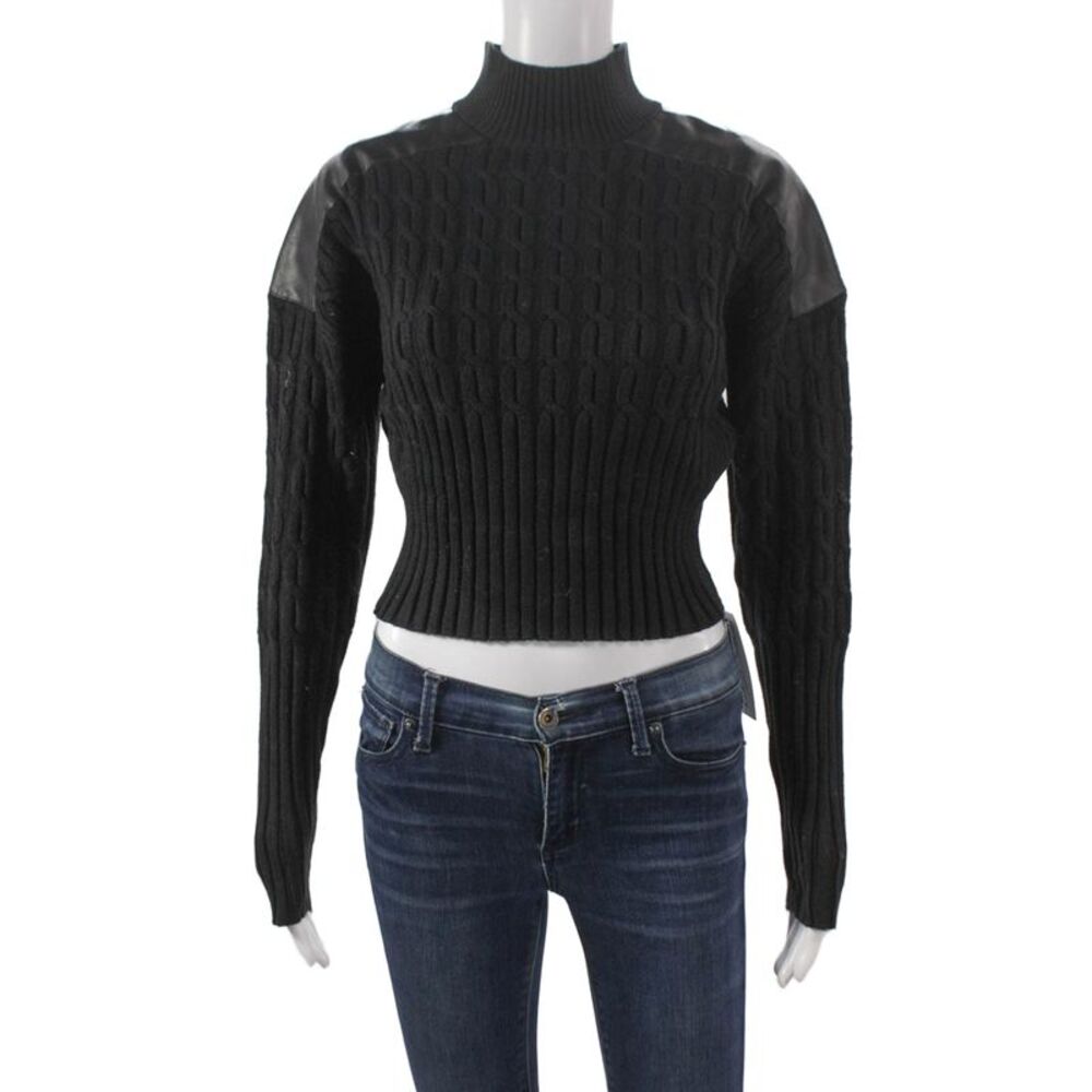 Central Park West Women Black Rayon Cable Mock Neck Sweater Size S